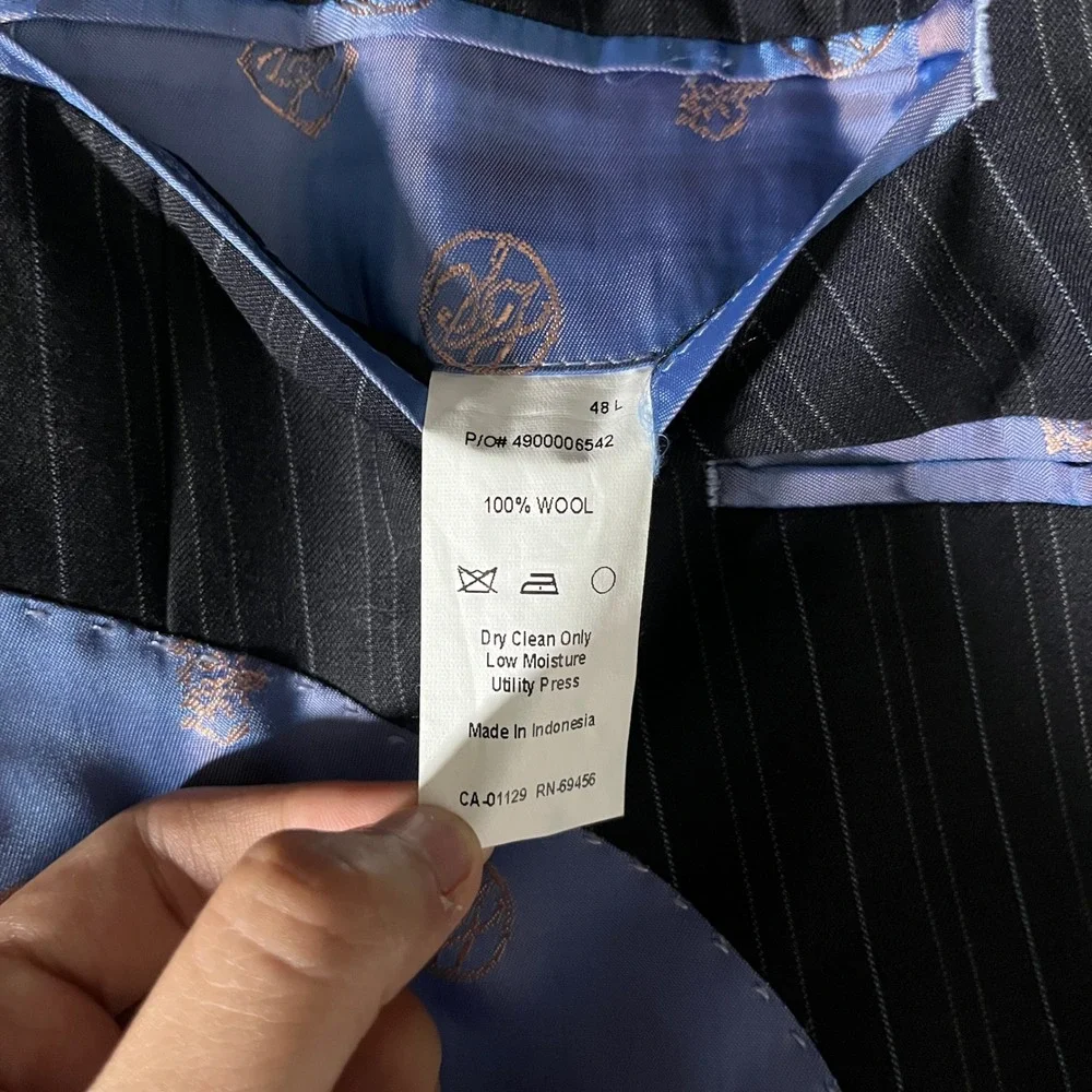 Sean John Suit Mens 48L W41 L30.5 Navy Blue Pinstripe 100% Wool 2-Piece‎ Set